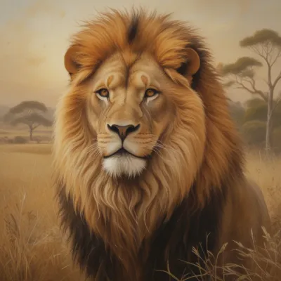 Golden Lion in Savanna - Wildlife - AI generated image