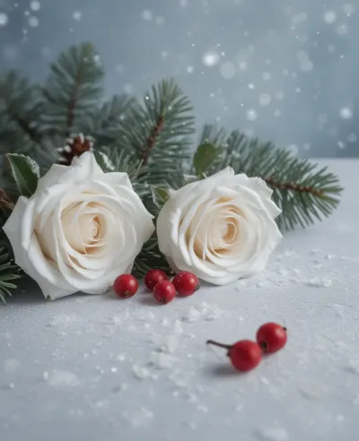 White Roses and Red Berries in Winter Frost - Flowers - AI generated image