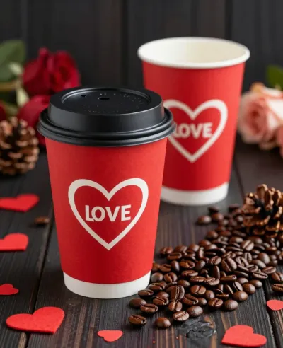 Red Coffee Cups with Love Print on Dark Wooden Table - Food & Drink - AI generated image