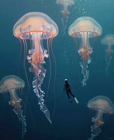 Diver Among Jellyfish in Ocean Cathedral - Marine Life - AI generated image