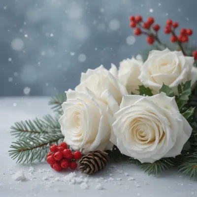 White Roses with Red Berries in Winter Frost - Flowers - AI generated image