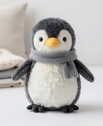 Plush Penguin Wearing Scarf on Blanket - Plush - AI generated image