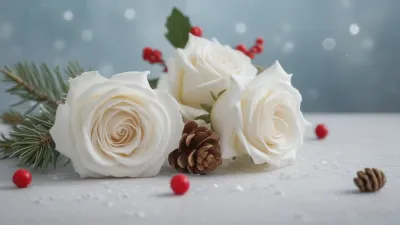 White Roses with Berries and Pine Cones - Flowers - AI generated image