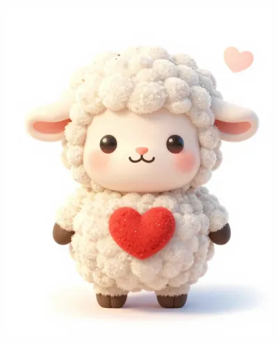 Fluffy White Sheep Holding Red Heart - Animals - AI generated image