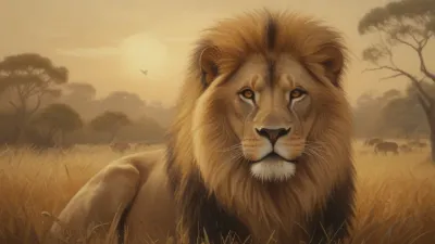 Resting Lion in Golden Savanna - Wildlife - AI generated image