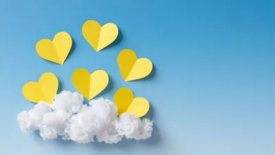 Yellow Hearts and Cotton Clouds in Blue Sky - Art - AI generated image