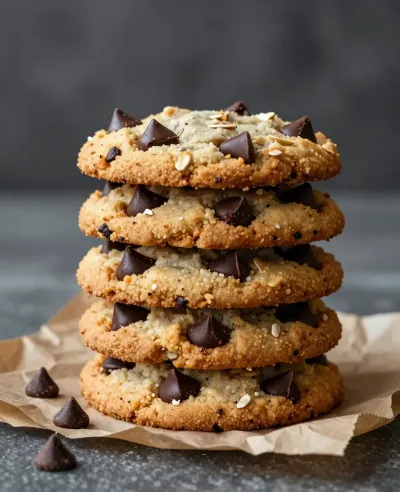 Stack of Chocolate Chip Cookies Golden-Brown with Oats and Sesame Seeds - Food - AI generated image