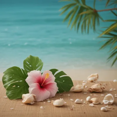 Pink Hibiscus and Monstera Leaves on Sandy Beach - Flowers - AI generated image