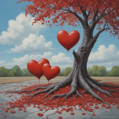 Red Hearts Hanging from Tree in Golden Light - Nature - AI generated image