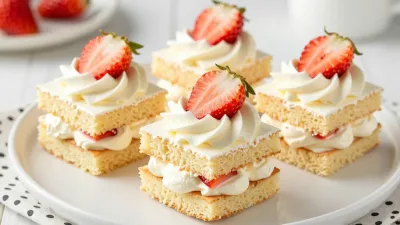 Strawberry Shortcake Squares on Polka Dot Plate - Food - AI generated image
