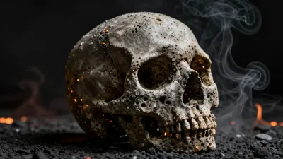 Charred Skull with Ash Texture in Smoky Background - Art - AI generated image