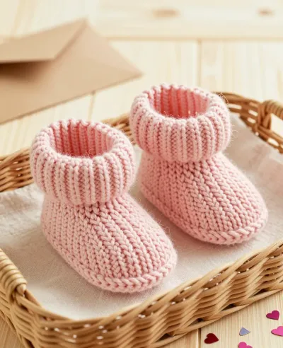 Pink Knitted Baby Booties in Woven Basket - Baby - AI generated image