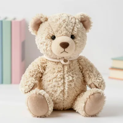 Creamy Teddy Bear Sitting by Pastel Books - Plush - AI generated image