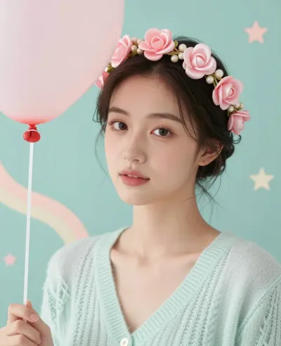 Floral Crown Model with Pink Balloon - Fashion - AI generated image