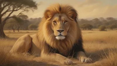 Majestic Lion Resting in Golden Savanna - Wildlife - AI generated image