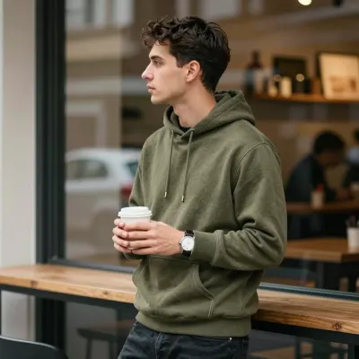 Olive-Hoodie Man Holding Coffee at Cafe Window - People - AI generated image
