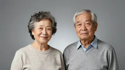 Elderly Couple Seated Together in Soft Gray Sweaters - Portrait - AI generated image
