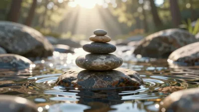 Stacked Stones on Water's Surface Backlit by Golden Sunbeams - Nature - AI generated image