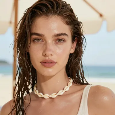 Wet-Haired Woman in Shell Necklace at Beach - Portrait - AI generated image