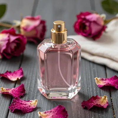 Rose Quartz Perfume Bottle with Golden Cap - Beauty - AI generated image