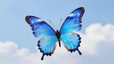 Blue Butterfly with Iridescent Wings Against Cloudy Sky - Wildlife - AI generated image