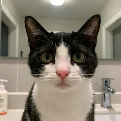 Black and White Tuxedo Cat Gazing in Bathroom Mirror - Animal - AI generated image