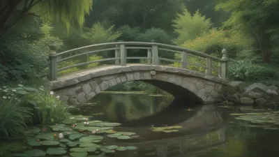 Stone Bridge Over Pond with Lilies - Architecture - AI generated image