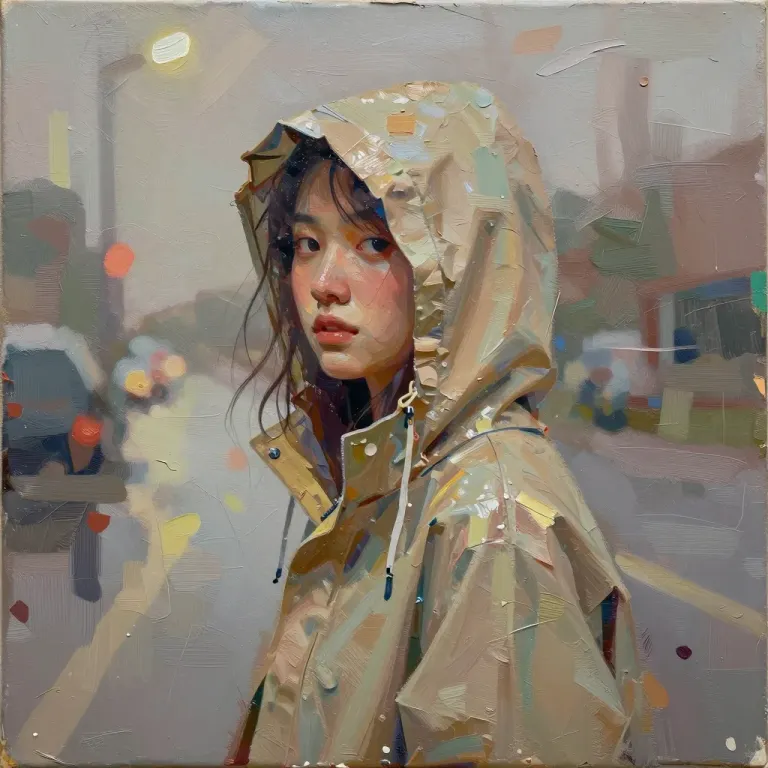 Raincoat-Wearing Person Glancing Street - People - AI generated image