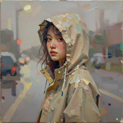 Raincoat-Wearing Person Glancing Street - People - AI generated image