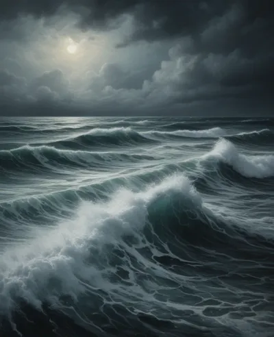 Crashing Waves Moonlit Sky - Seascapes - AI generated image