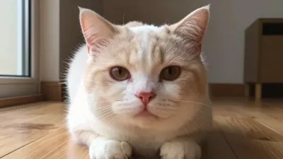 Fluffy Cat with Amber Eyes Resting on Wooden Floor - Pet - AI generated image