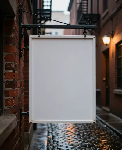 Blank White Signboard Hanging in Wet Cobblestone Alley - Architecture - AI generated image