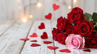 Deep Red Roses with Scattered Heart Confetti - Flowers - AI generated image