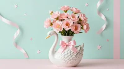 Ceramic Swan Vase with Pink Flowers - Decor - AI generated image