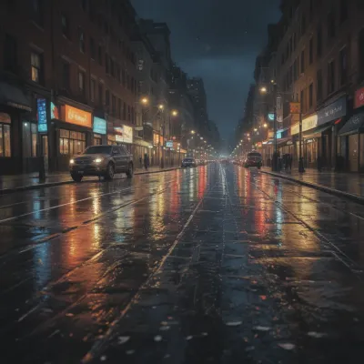 Wet Cobblestone Street at Night - Urban - AI generated image