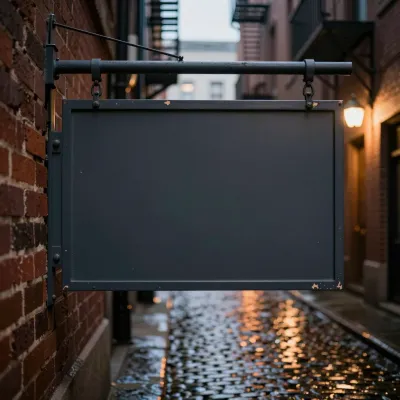Empty Signboard Hanging in Wet Cobblestone Alley - Urban - AI generated image