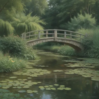 Stone Bridge Over Lily Pond in Soft Morning Light - Architecture - AI generated image