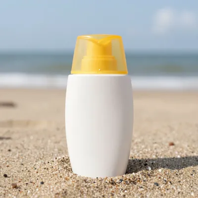 Sunscreen Bottle on Sandy Beach - Beauty - AI generated image