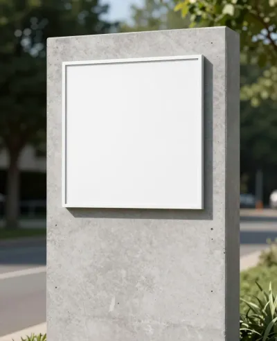 Concrete Monolith with White Sign in Suburban Setting - Architecture - AI generated image