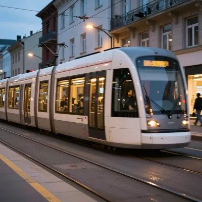 Modern Tram Passing Urban Streets at Dusk - Transportation - AI generated image