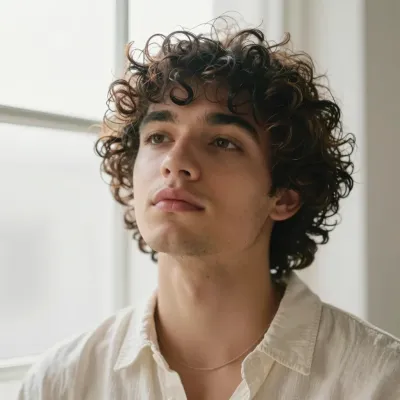 Curly-Haired Individual Looking Upwards - Portrait - AI generated image