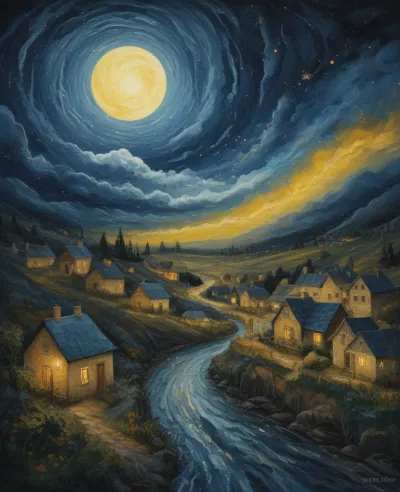 Starry Night Village with Winding River and Full Moon - Architecture - AI generated image