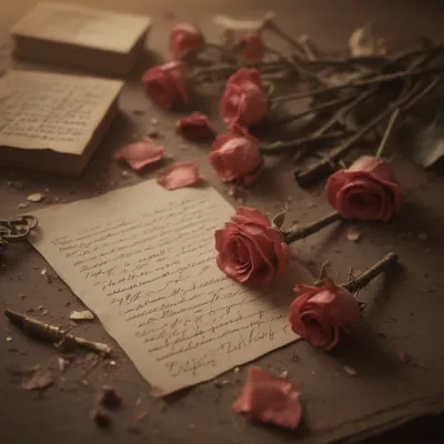 Wilted Roses and Handwritten Letters on Sepia Desk - Romance - AI generated image