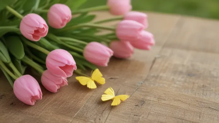 Pink Tulips with Yellow Butterflies Soft Light - Flowers - AI generated image