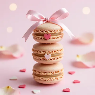Stack of Macarons with Pink Ribbon and Hearts - Food - AI generated image