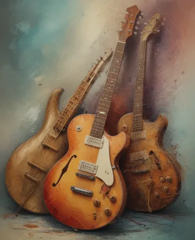 Vintage Guitars Resting on Textured Background - Music - AI generated image