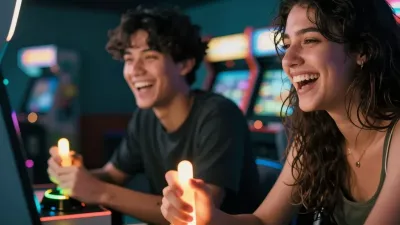 Friends Laughing at Arcade Machine - People - AI generated image