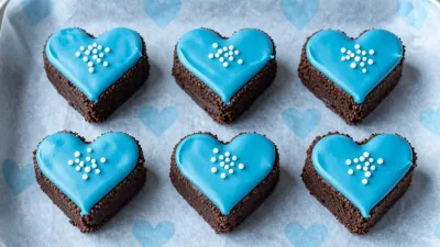 Heart-Shaped Brownies with Blue Icing and White Sprinkles - Bakery - AI generated image