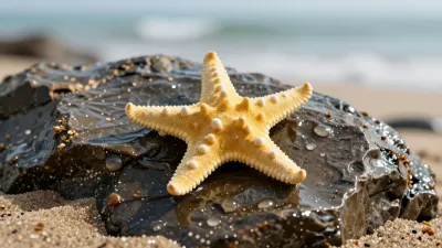 Starfish Resting on Wet Rock at Beach - Marine Life - AI generated image