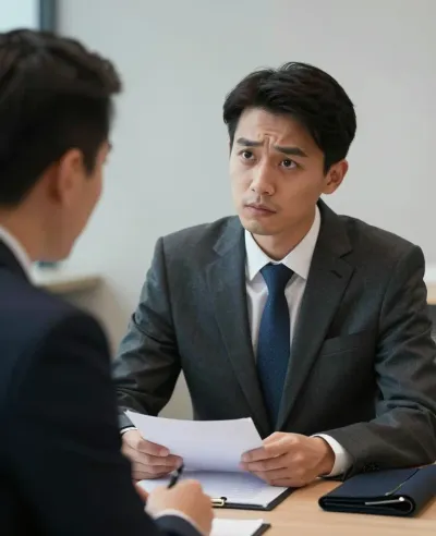 Man in Gray Suit Holding Papers in Office - People - AI generated image